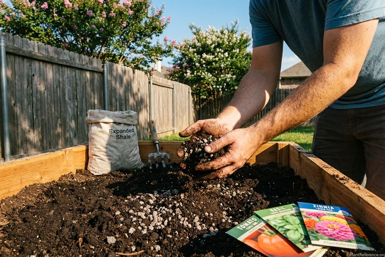 Hands working amended Blackland Prairie soil in Dallas raised bed for carrot planting