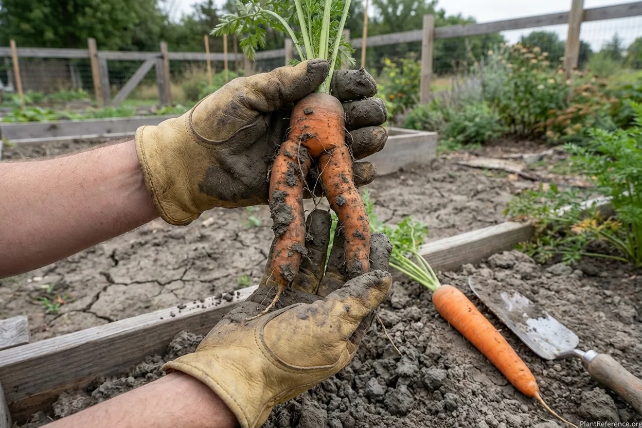 Forked carrot root caused by heavy Indianapolis clay soil obstruction