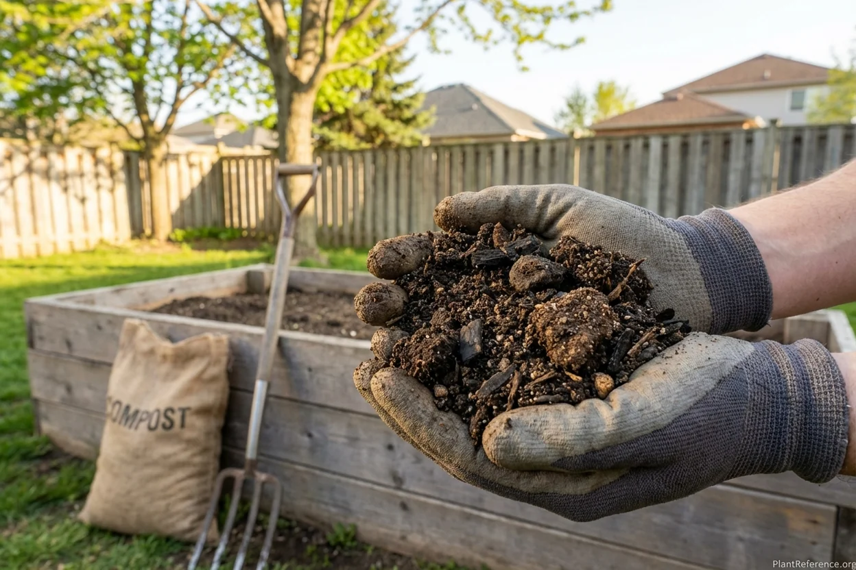 Hands examining amended soil in Indianapolis raised bed prepared for carrot planting