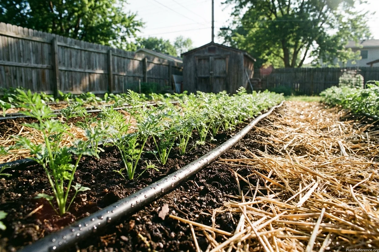 Drip irrigation and straw mulch protecting young carrot seedlings in Indianapolis garden