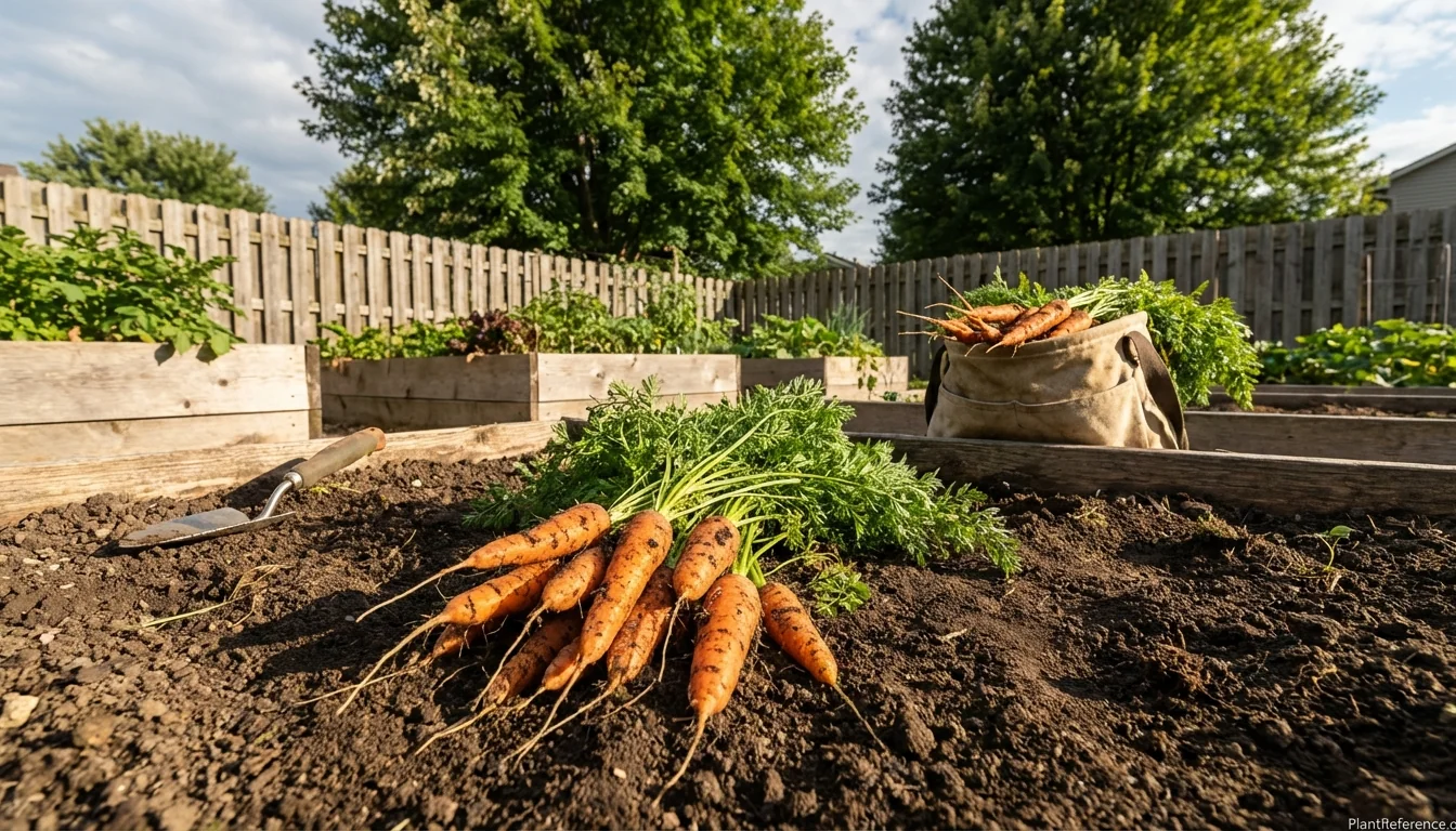 Fresh carrots harvested from an Indianapolis Zone 5b garden with rich dark soil and garden tools