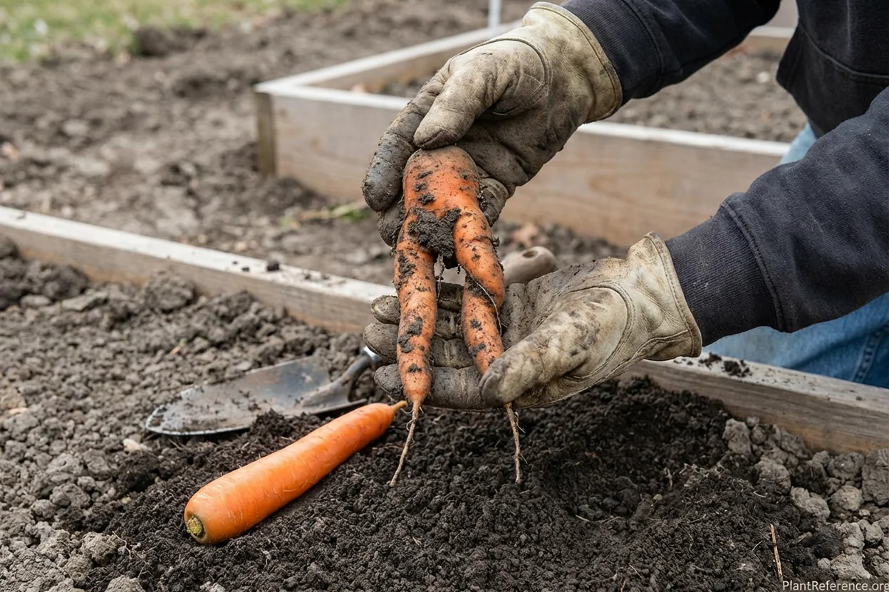 Forked carrot root caused by heavy Kansas City clay soil obstruction