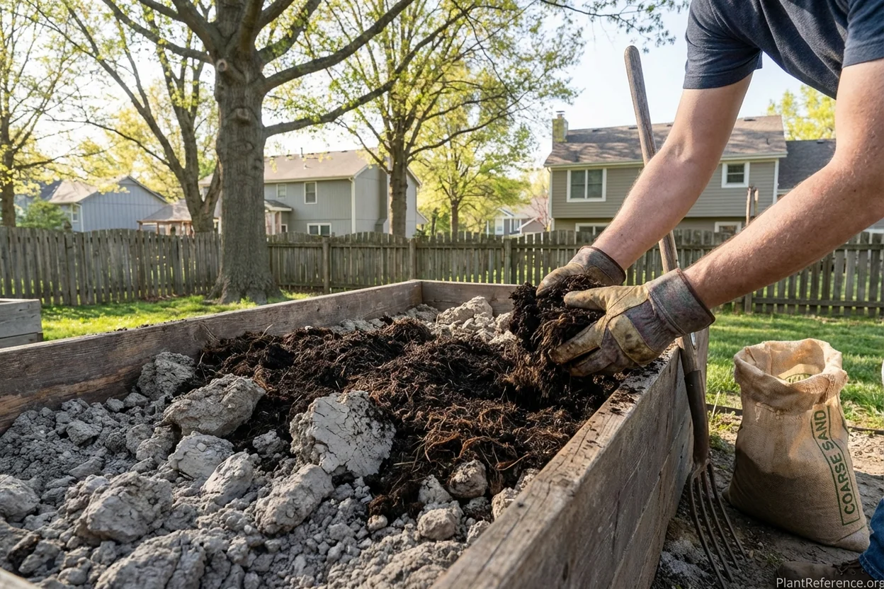 Gardener amending Kansas City clay soil with compost for carrot planting in raised bed