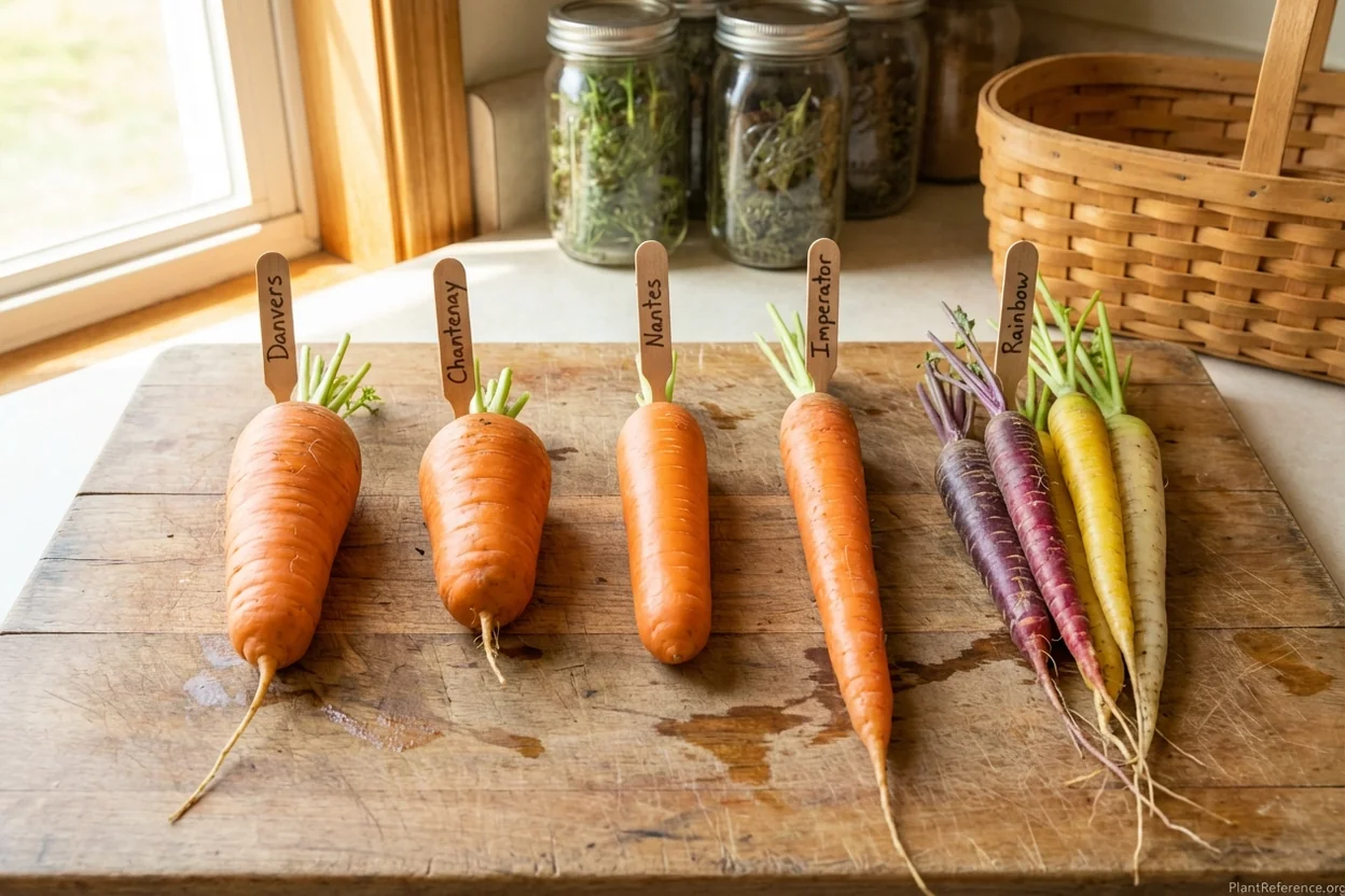 Five carrot varieties compared showing shape differences for Kansas City Zone 6a clay soil