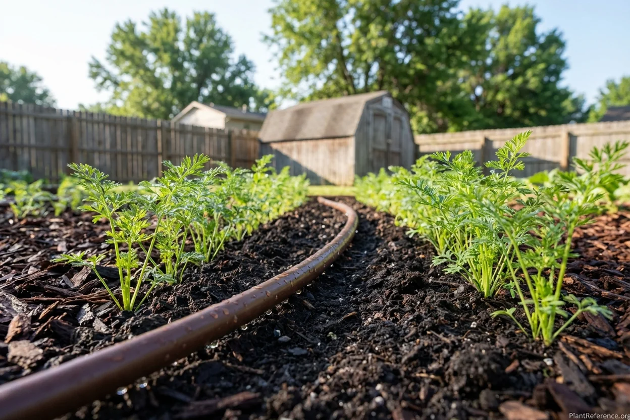 Drip irrigation watering young carrot seedlings in Kansas City Zone 6a garden bed