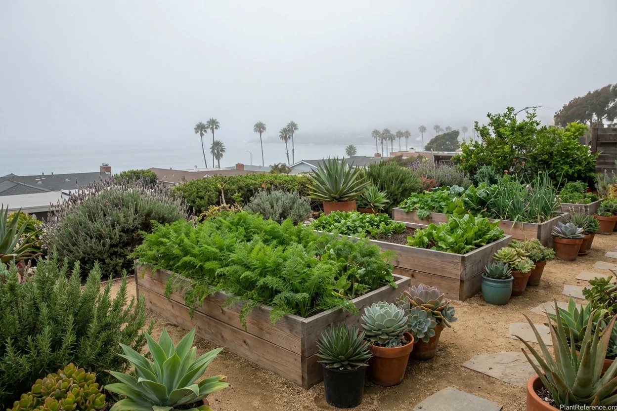 Coastal Los Angeles garden with carrots benefiting from marine layer cooling