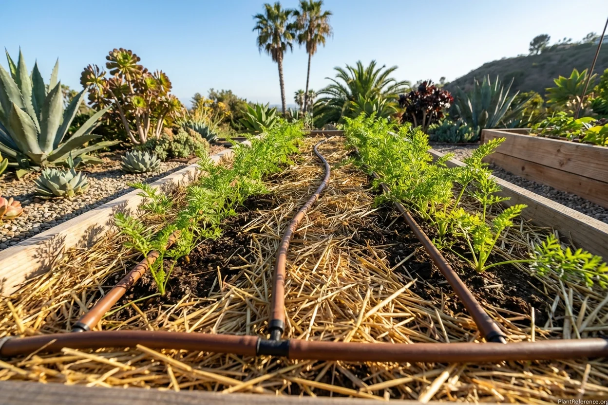 Drip irrigation system delivering water to carrot rows in Los Angeles raised bed