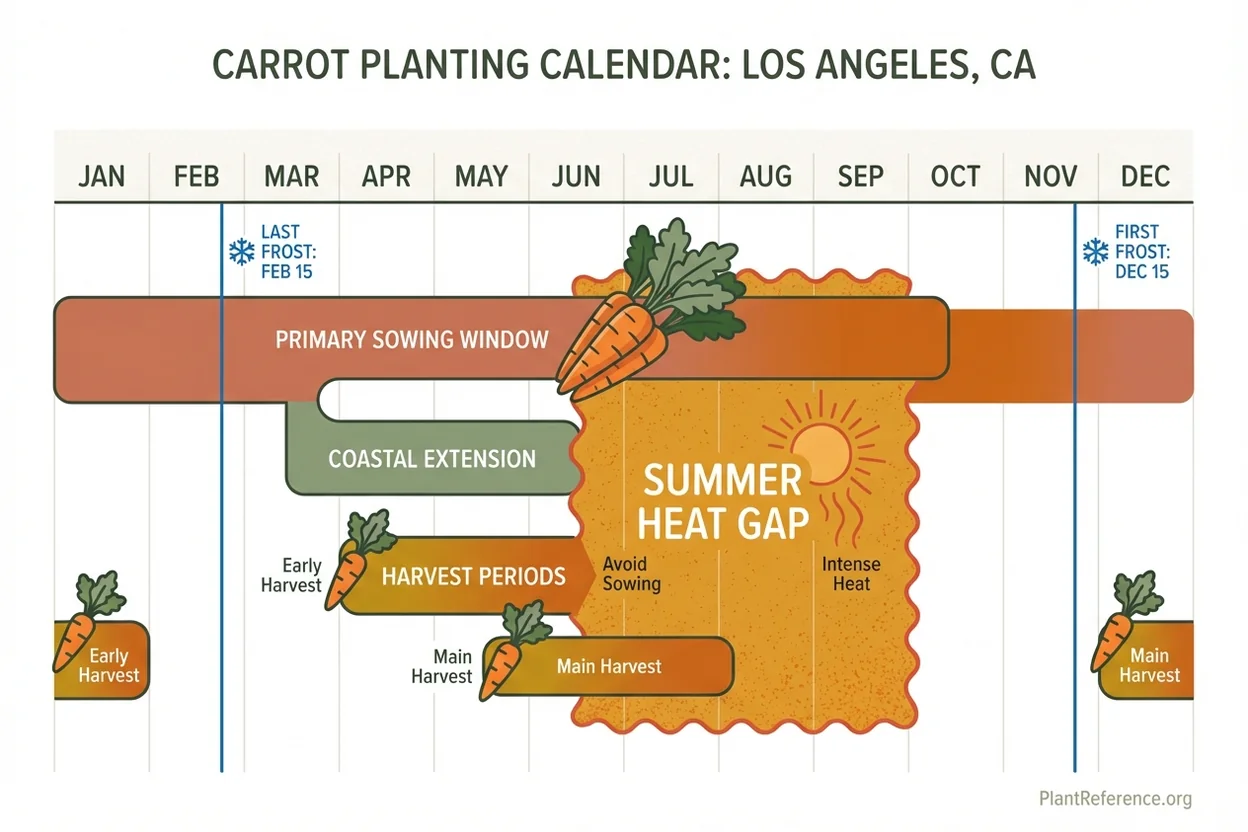 Los Angeles carrot planting calendar showing fall through spring sowing for Zone 10b