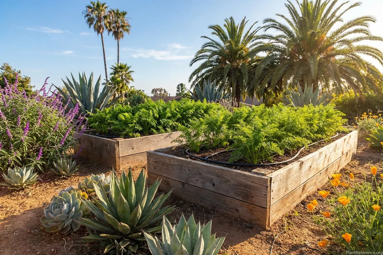 Raised beds with carrots in a Los Angeles garden surrounded by water-wise landscaping