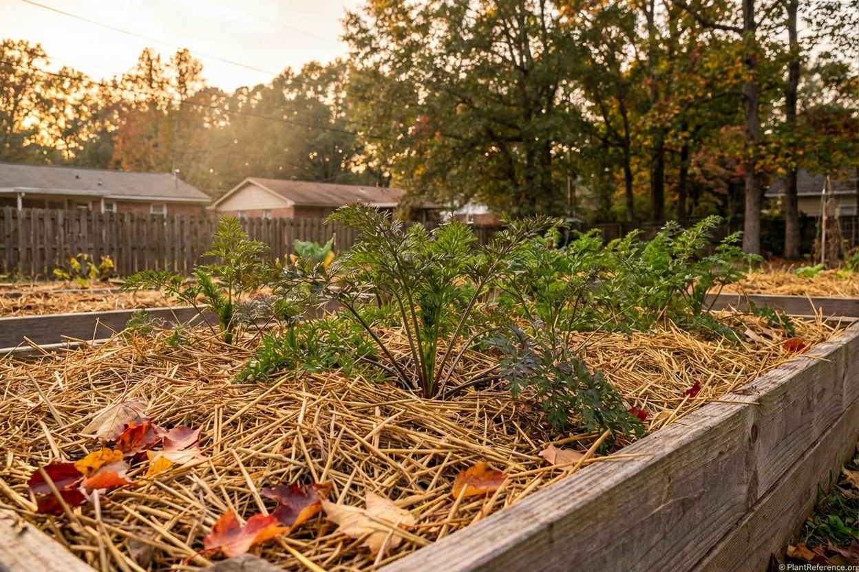 Straw mulch insulating fall carrot bed in Memphis garden for harvest past first frost