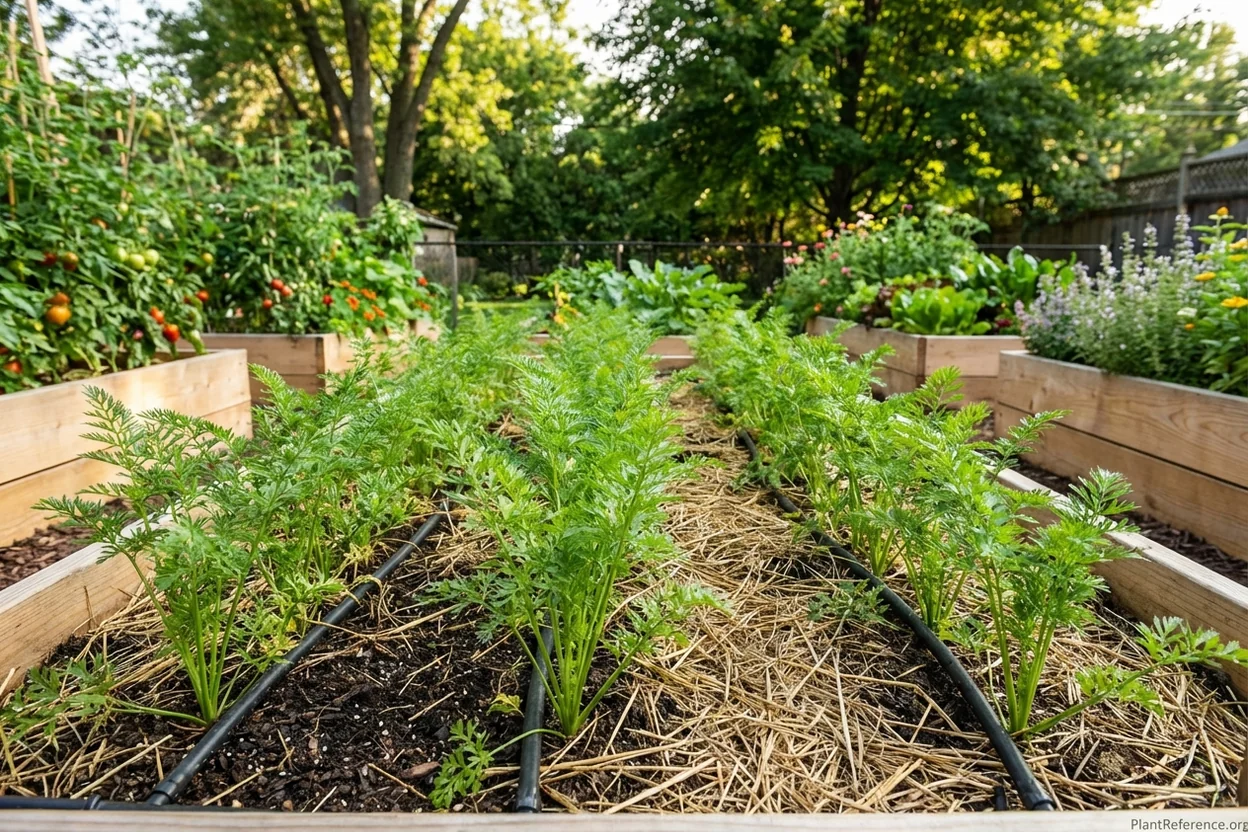 Carrot rows growing in mulched raised bed with drip irrigation in Milwaukee garden