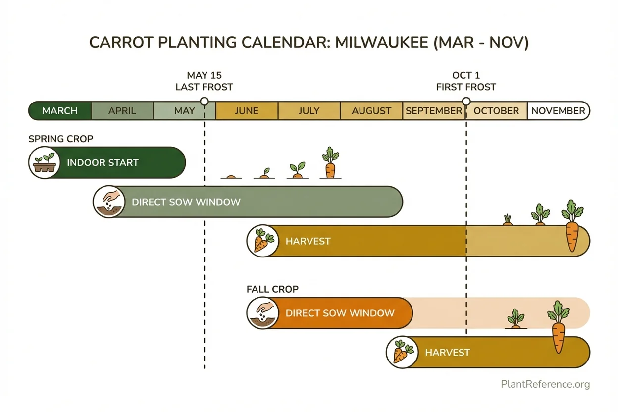Milwaukee carrot planting calendar showing spring and fall sowing dates for Zone 5b