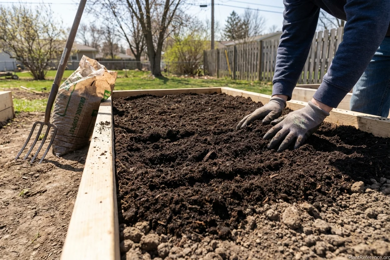 Preparing raised bed soil for carrot planting in Milwaukee with compost amendment