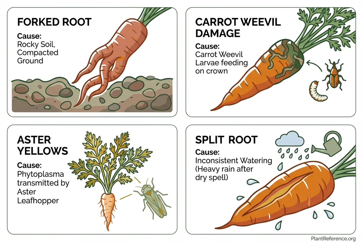 Common Milwaukee carrot problems including forked roots and carrot weevil damage identification