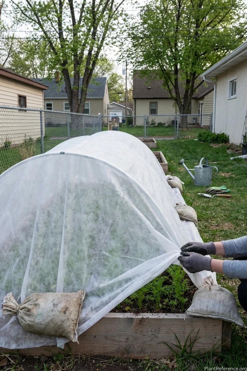 Row covers protecting Minneapolis carrot plantings from late spring frost damage