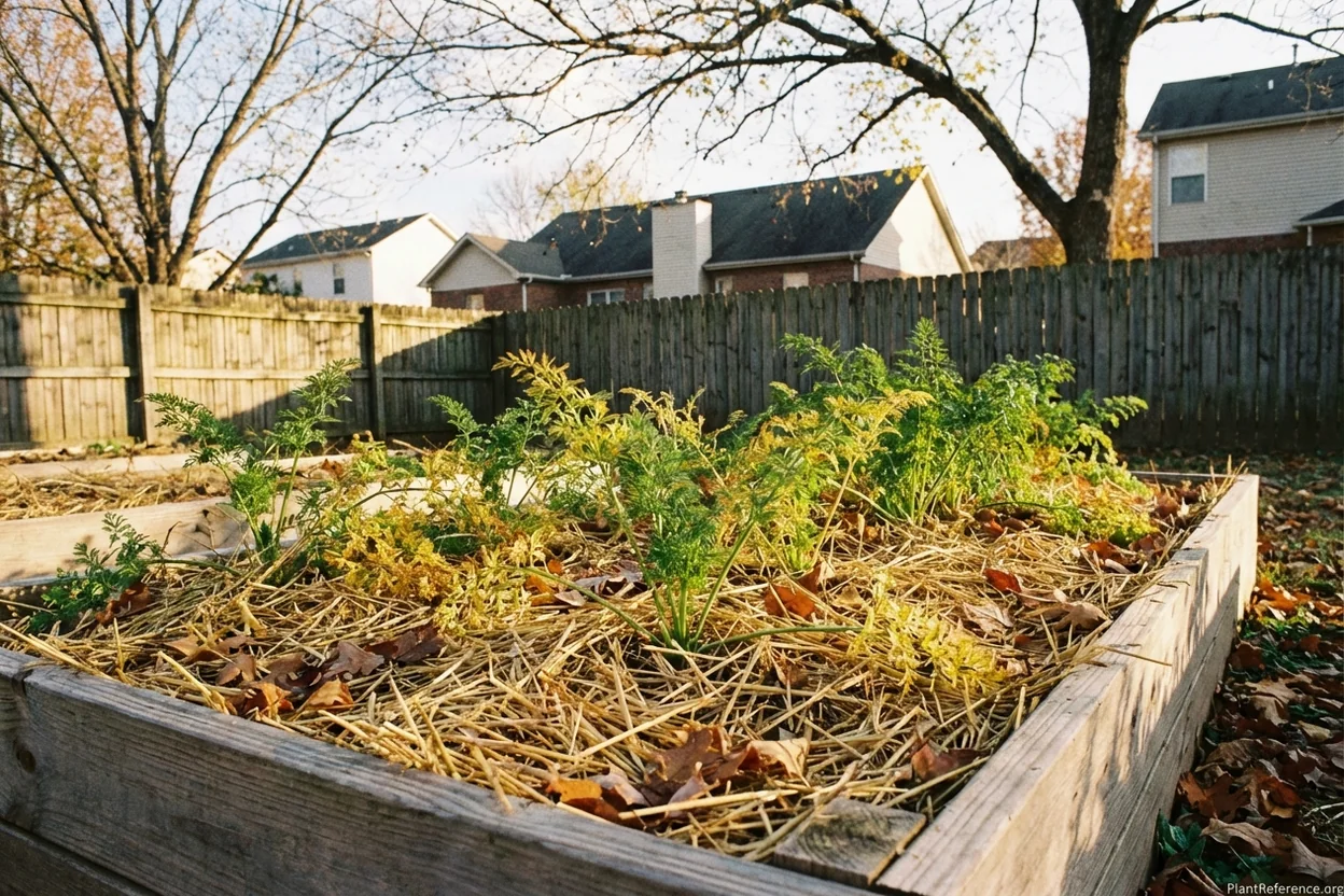 Straw mulch insulating fall carrot bed in Nashville garden for extended harvest past frost