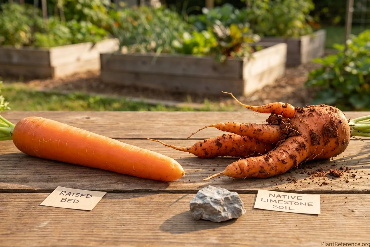 Forked carrot from Nashville limestone soil compared to straight carrot from raised bed