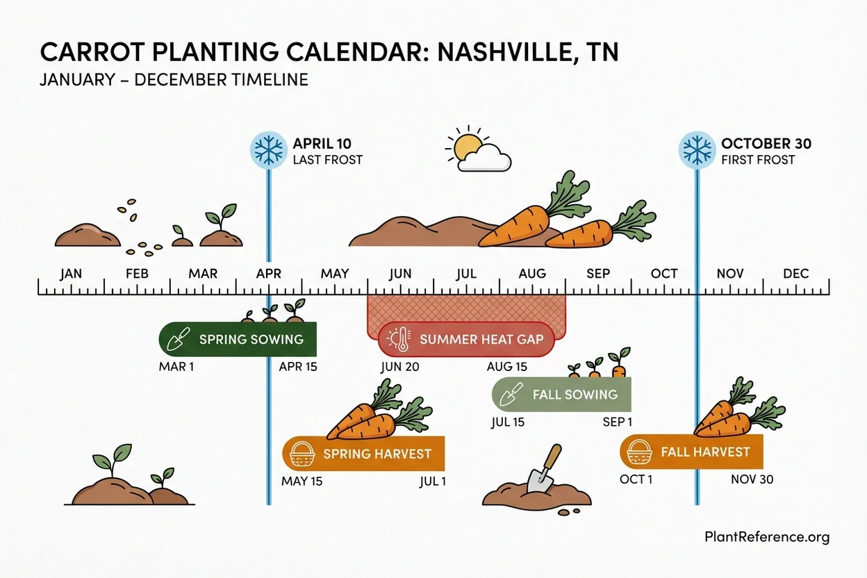 Nashville carrot planting calendar showing spring and fall sowing dates for Zone 7a