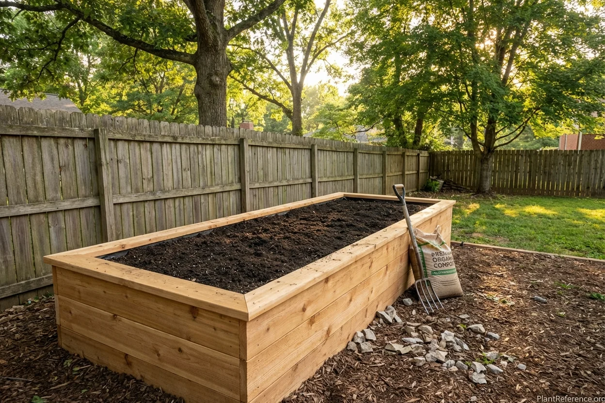 Raised garden bed with amended soil prepared for carrots in Nashville with limestone visible