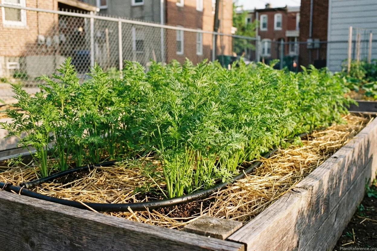 Healthy carrot rows growing in a raised bed with straw mulch and drip irrigation in a New York garden