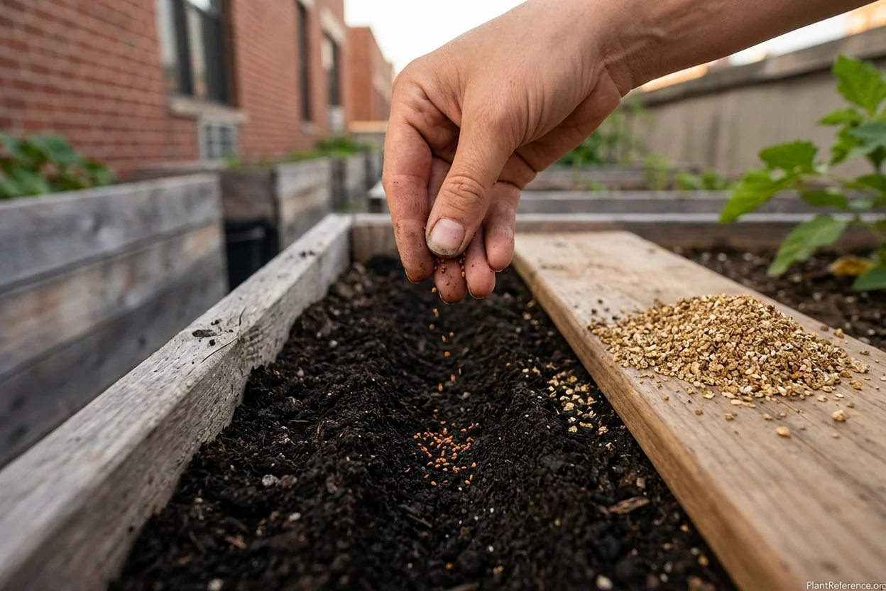 Gardener sowing carrot seeds in a prepared raised bed with loose dark soil in a New York rooftop garden