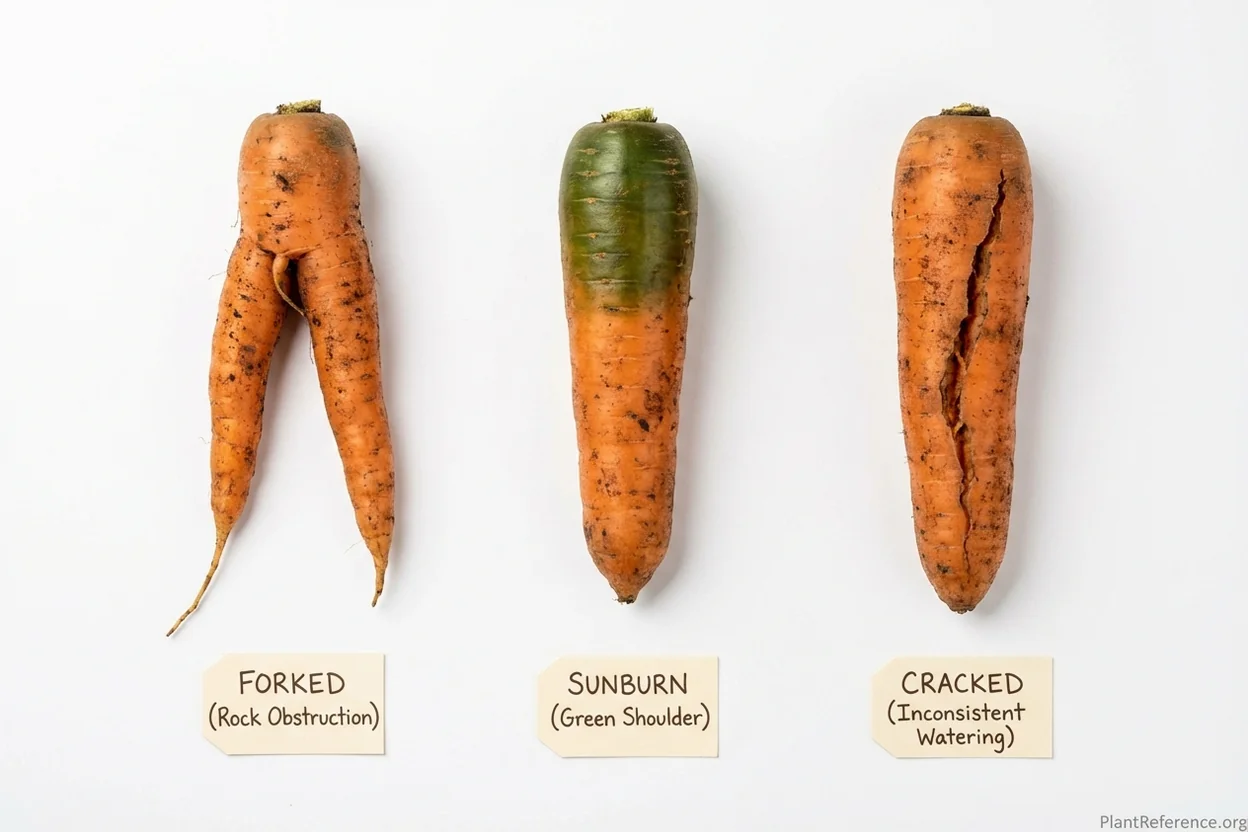Common carrot growing problems including forked roots green shoulders and splitting shown side by side