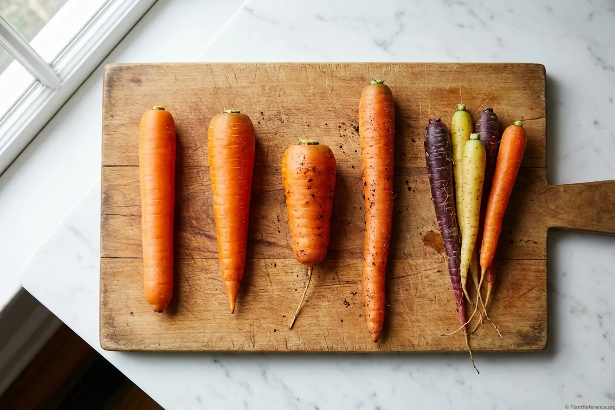 Five carrot varieties compared side by side showing Nantes, Danvers, Chantenay, Imperator, and Rainbow types
