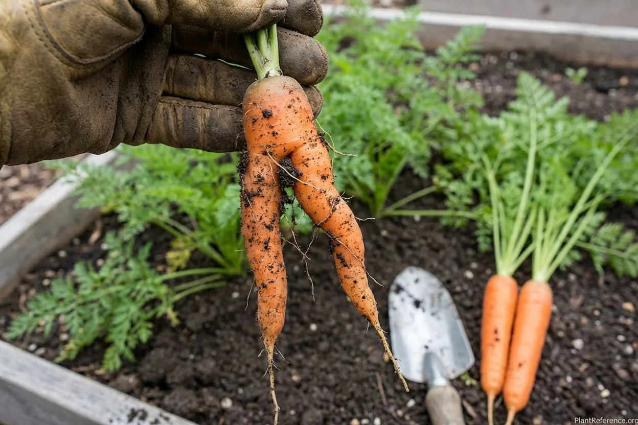 Forked carrot root caused by compacted clay soil showing common problem for Philadelphia gardeners