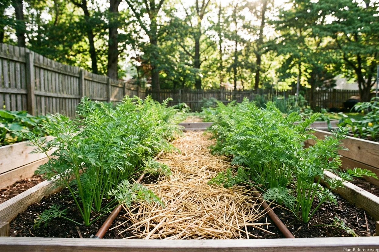 Straw mulch applied between carrot rows in a Philadelphia raised bed for moisture retention and weed control