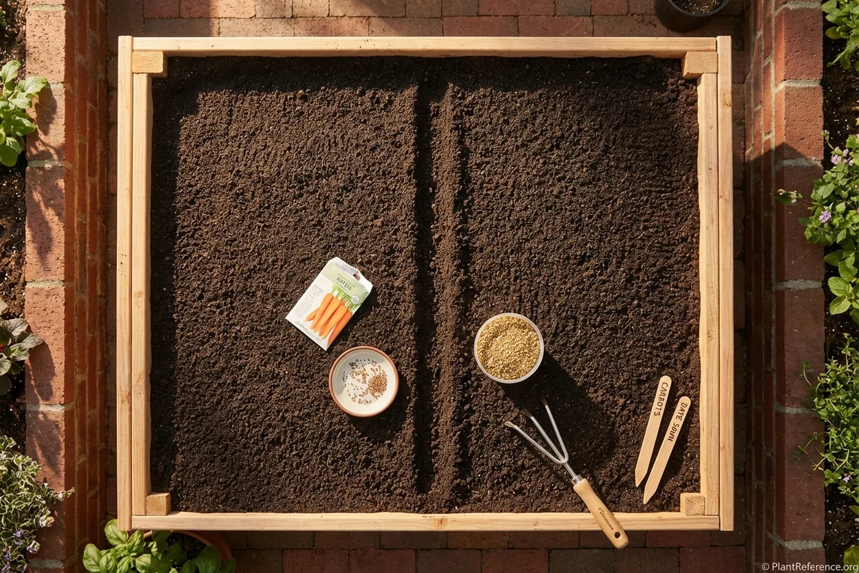 Prepared raised bed with fine loose soil surface ready for sowing carrot seeds in Philadelphia garden