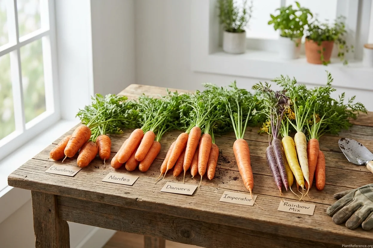 Five carrot varieties compared side by side showing Danvers, Nantes, Chantenay, Imperator, and Rainbow types for Philadelphia gardens