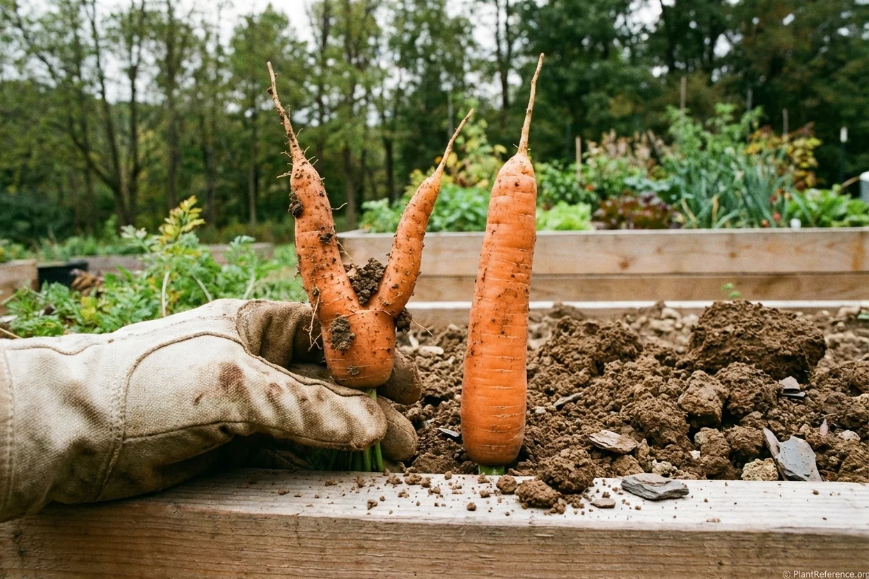 Forked carrot root caused by heavy Pittsburgh clay soil alongside a properly formed carrot for comparison