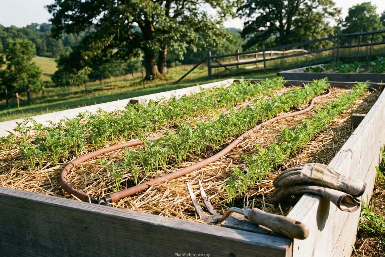 Young carrot seedlings with straw mulch between rows for moisture retention in Pittsburgh raised bed