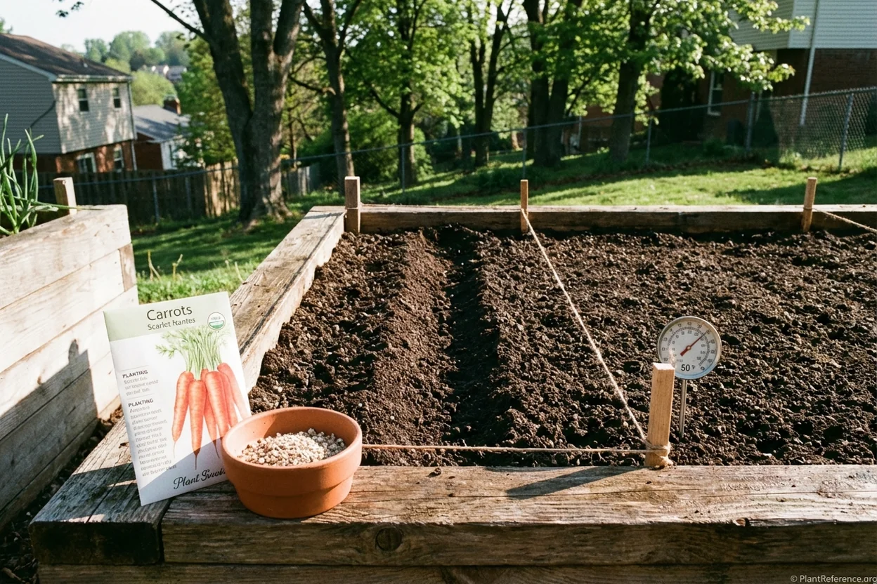Raised garden bed with loose amended soil raked smooth for carrot seed sowing in Pittsburgh