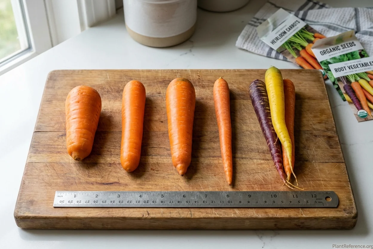 Five carrot varieties compared showing Danvers, Nantes, Chantenay, Imperator, and Rainbow types for Pittsburgh gardens