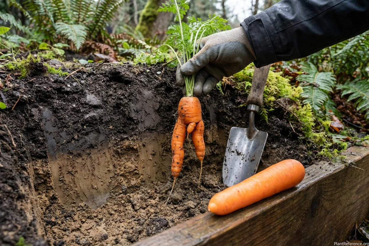 Forked carrot root caused by Willamette Valley clay subsoil layer in Portland garden