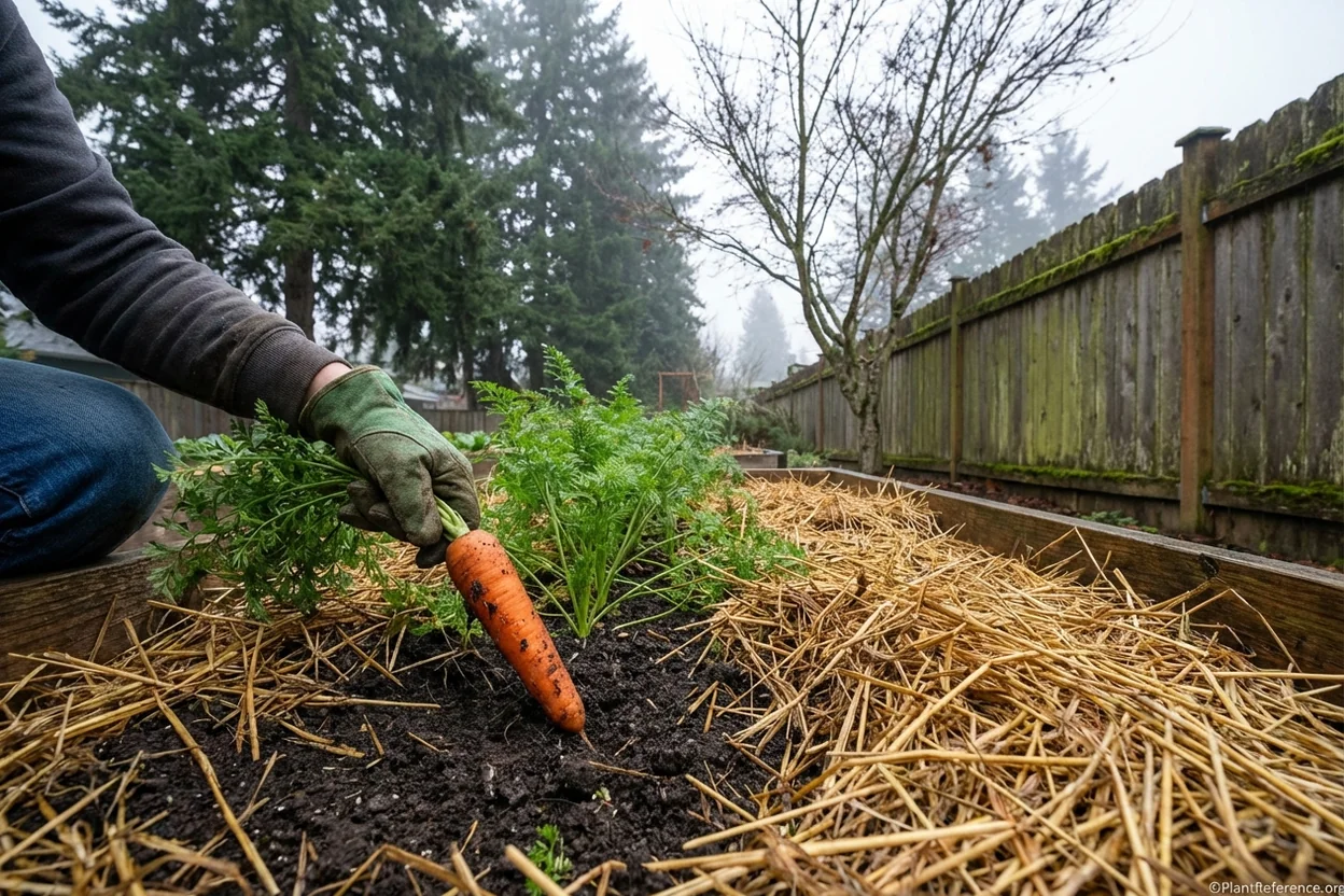 Gardener pulling overwintered carrots from mulched raised bed in Portland winter garden