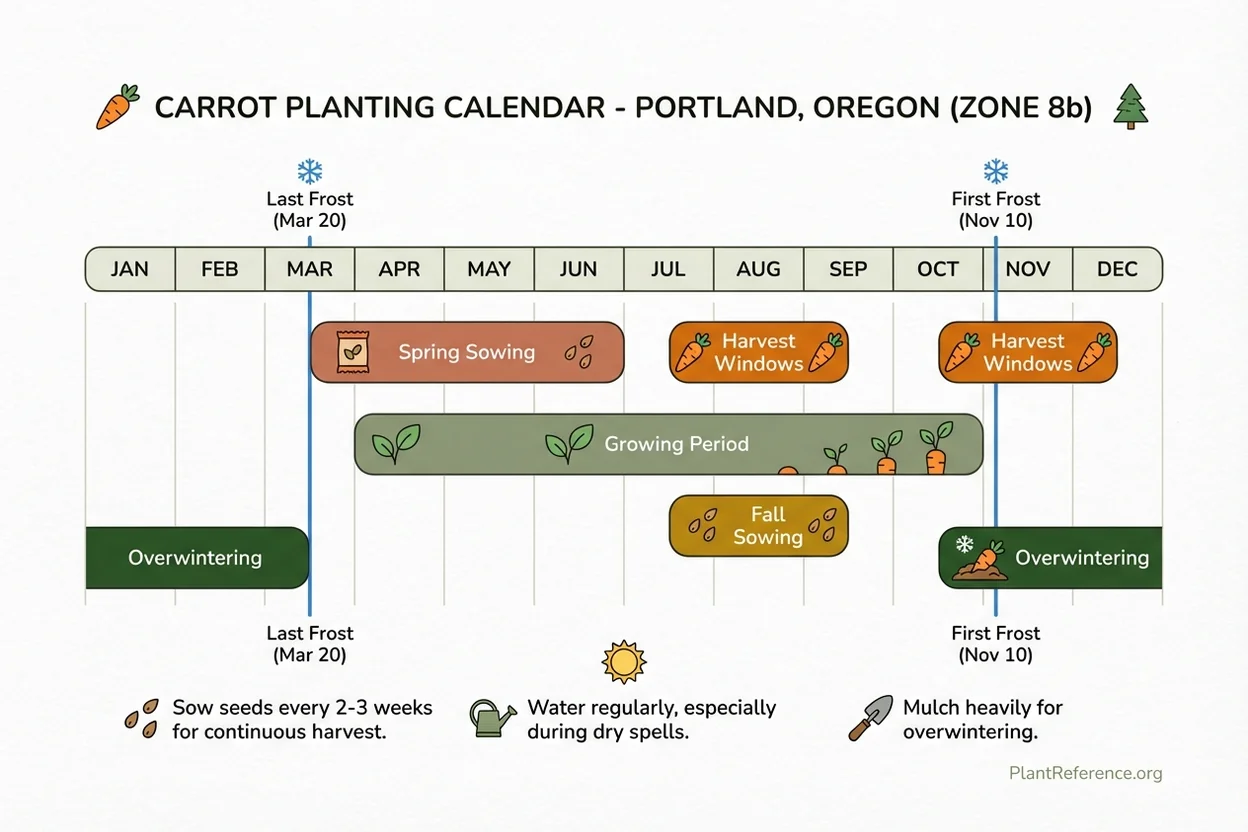 Portland carrot planting calendar showing spring and fall sowing dates for Zone 8b