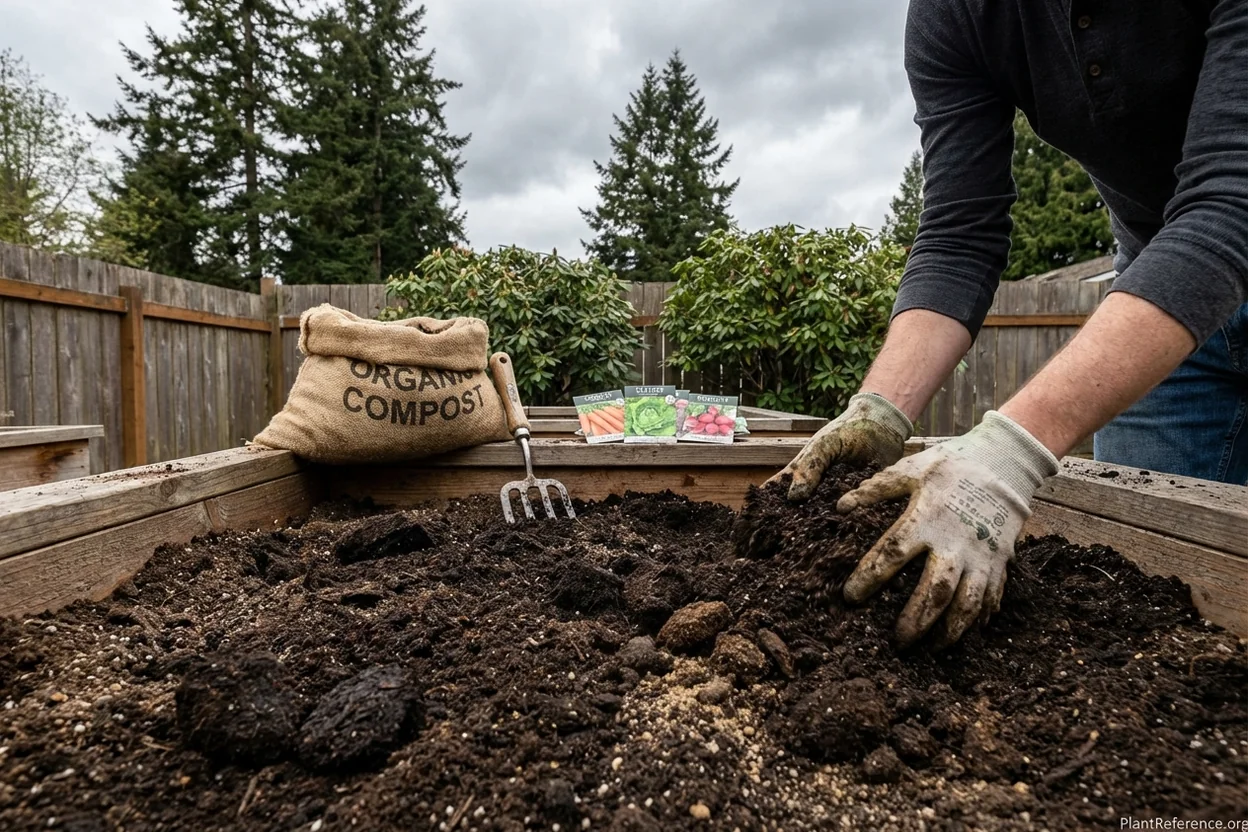 Hands working amended Willamette Valley soil in Portland raised bed for carrot planting