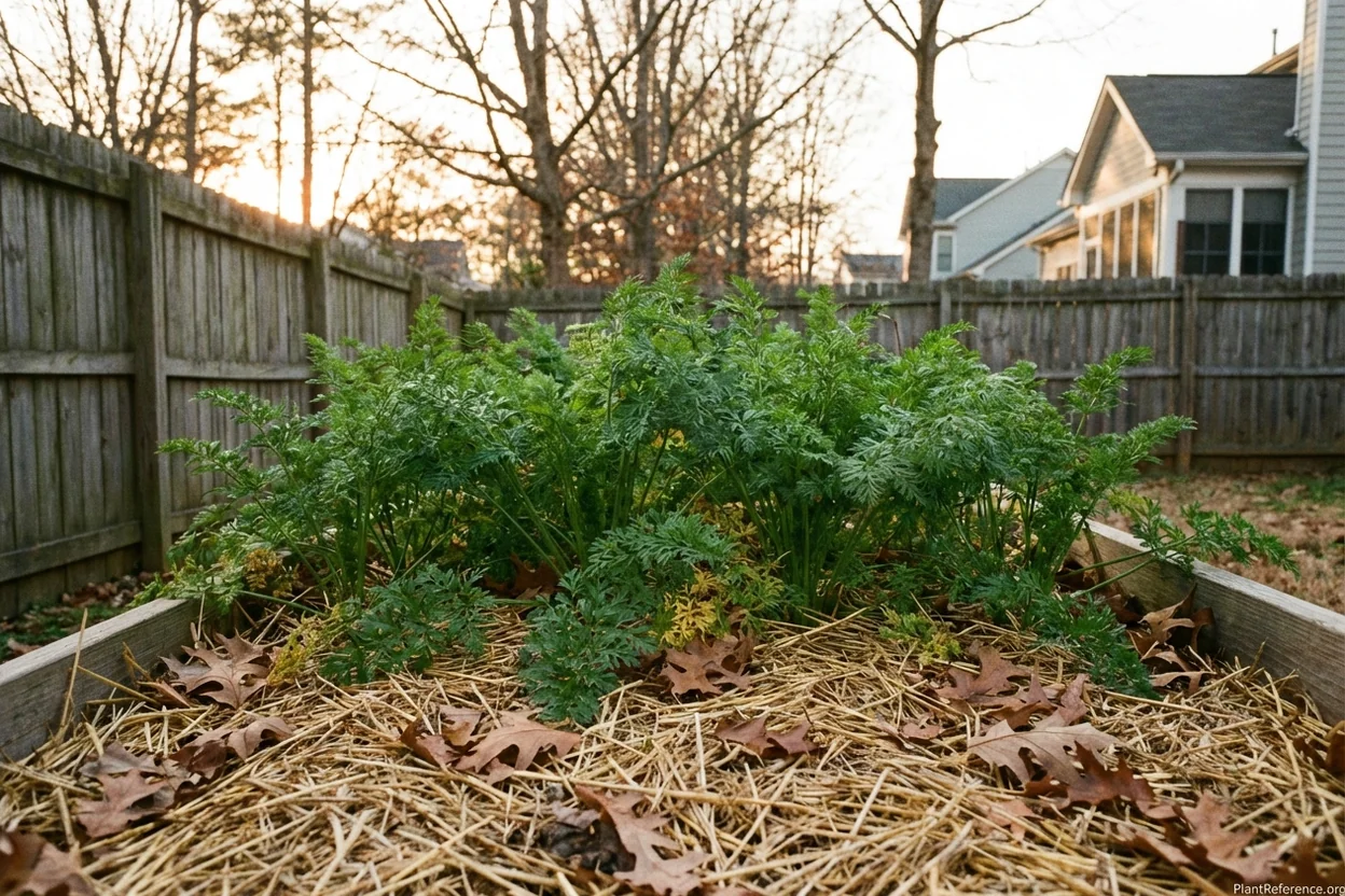 Mulched fall carrot bed in Raleigh garden with mature carrot tops in November
