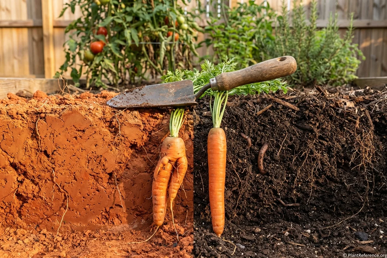 Piedmont red clay soil in Raleigh garden showing compaction challenge for carrot growing