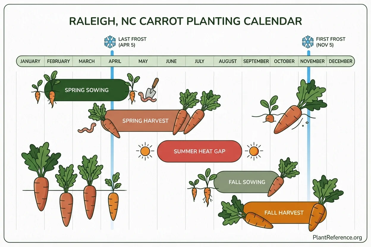 Raleigh carrot planting calendar showing spring and fall sowing dates for Zone 7b