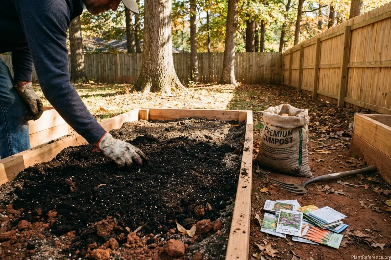 Hands working amended Piedmont red clay in Raleigh raised bed for carrot planting