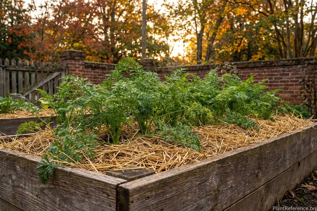 Straw mulch protecting fall carrot bed in Richmond garden after October first frost