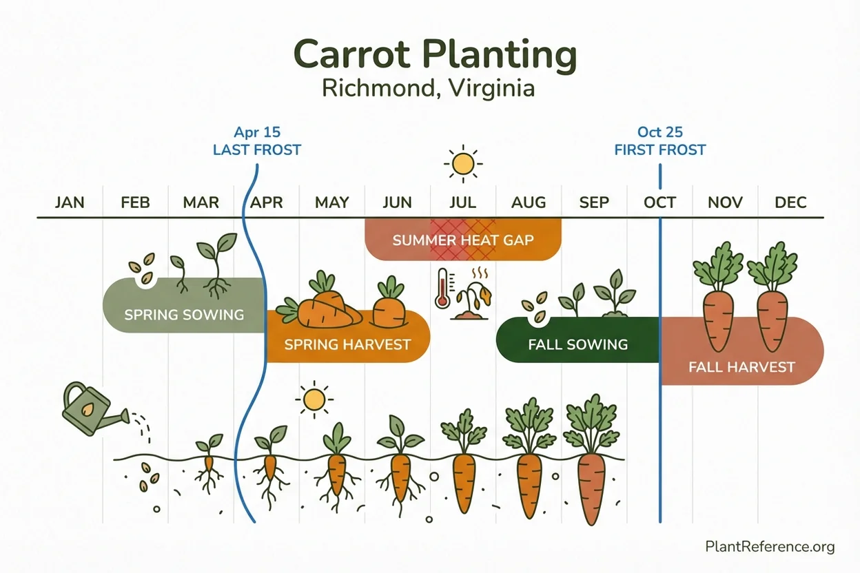 Richmond carrot planting calendar showing spring and fall sowing dates for Zone 7b