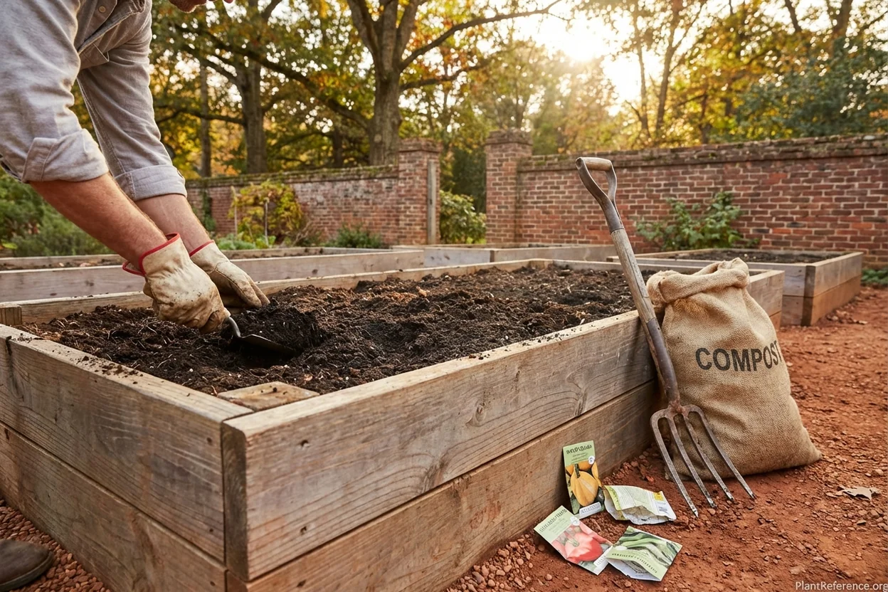 Hands working amended Virginia Piedmont soil in Richmond raised bed for carrot planting