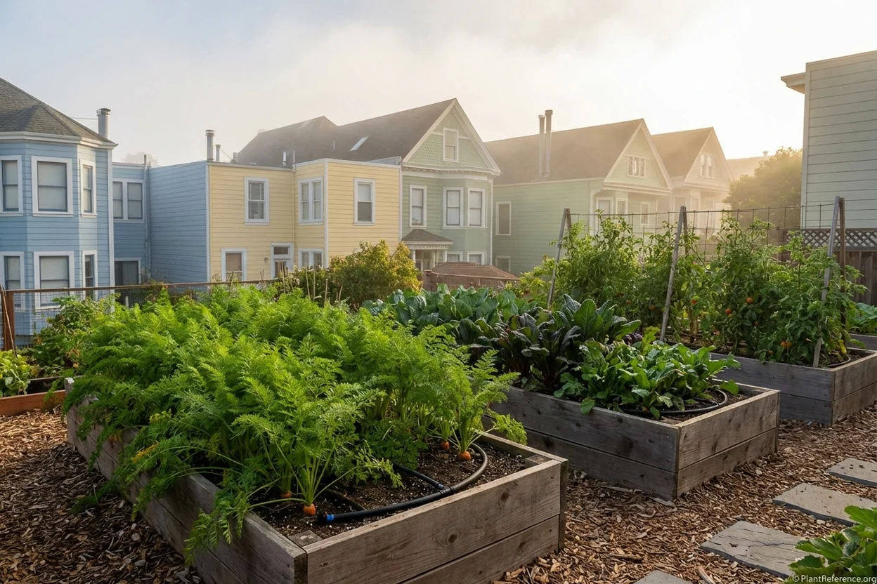 San Francisco fog belt vegetable garden with carrot rows and marine layer fog visible