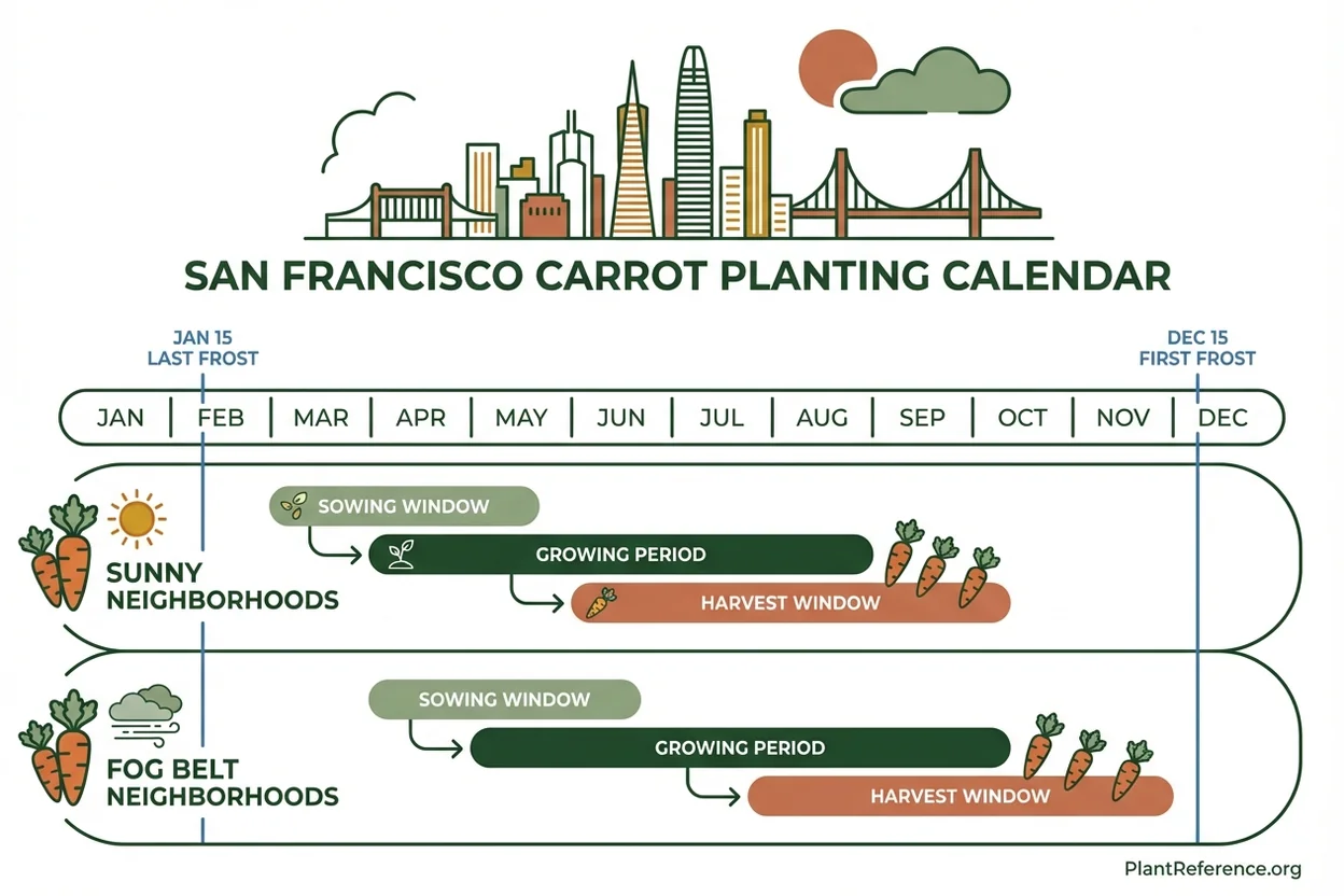 San Francisco carrot planting calendar showing sunny and fog belt zone sowing dates