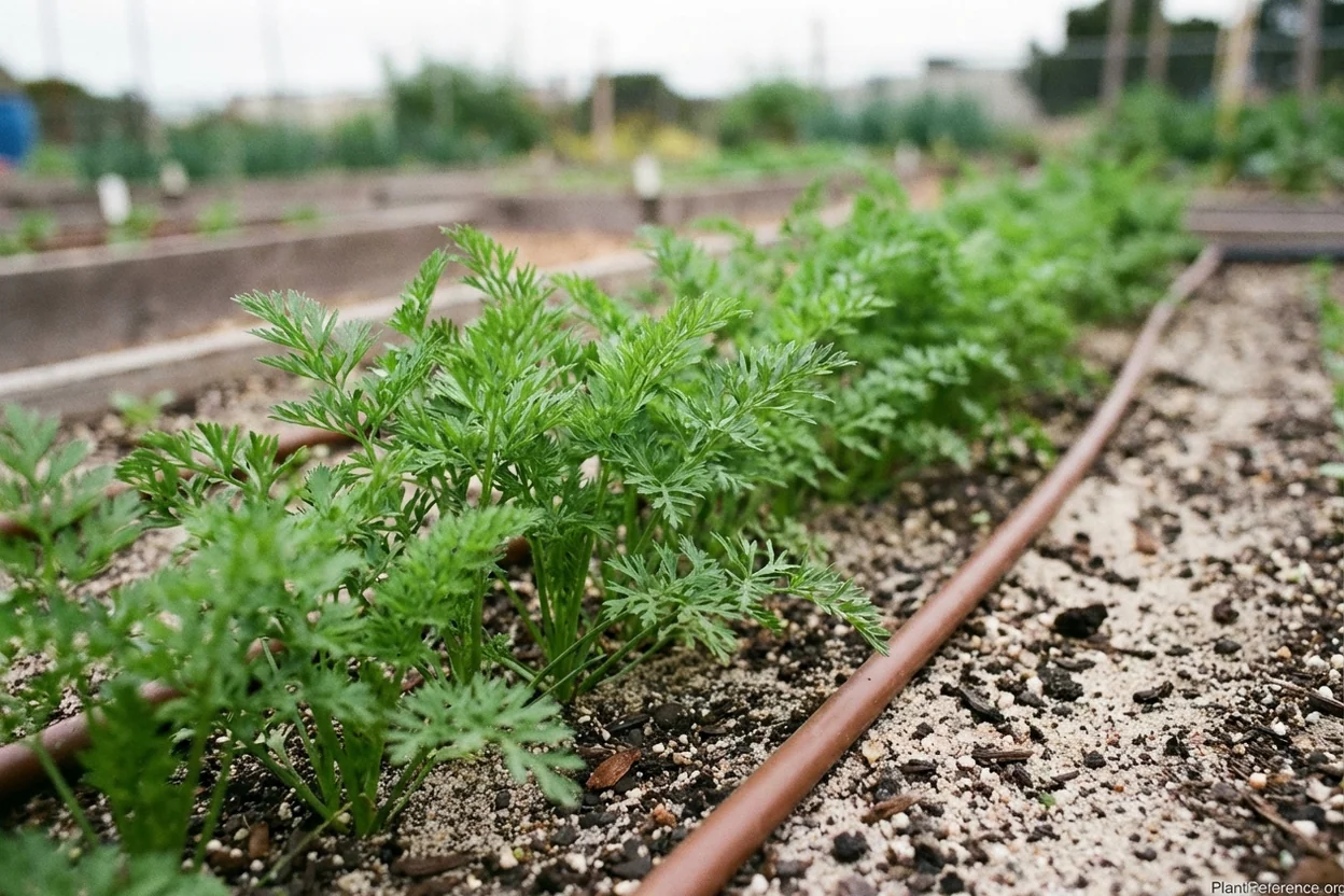 Carrot tops growing in amended sandy San Francisco soil showing healthy root development