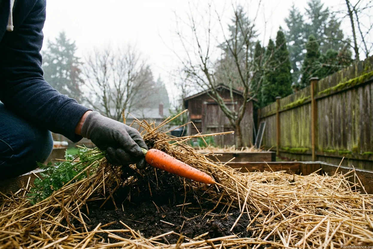 Gardener pulling overwintered carrots from mulched raised bed in Seattle winter garden